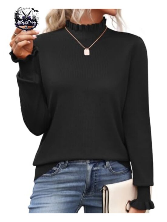 Sweaters - Womens Ruffled Mock Neck Turtleneck Sweater Flared Cuffs Long Sleeve Knit Top